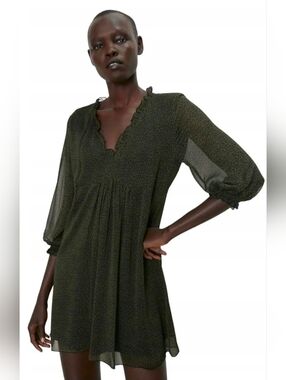 Zara Olive Green Sheer Mini Baby Doll Dress Size L